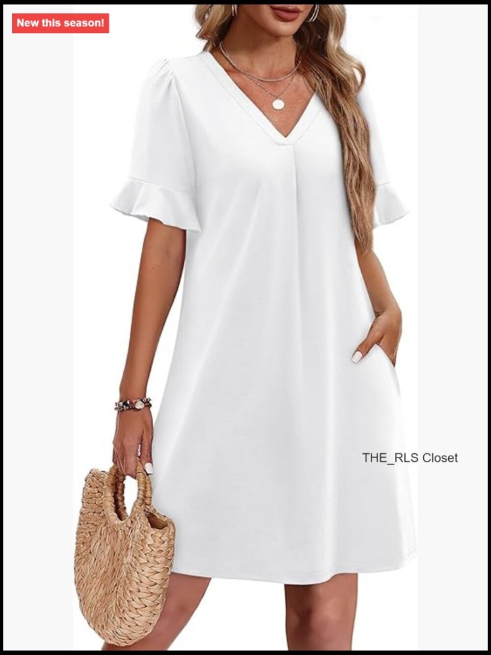 Ruffle Short Sleeve V Neck Shift Dress with Pockets